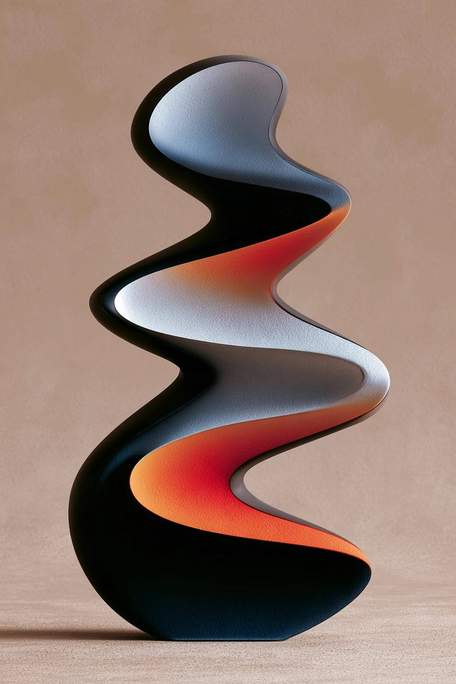 Sculptural abstract portrait artwork of a black and white wave with coral light