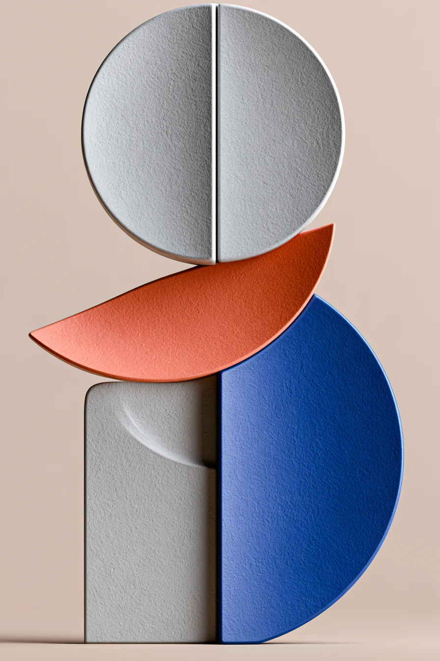 Sculptural abstract portrait artwork of stacked discs in gray, coral and cobalt
