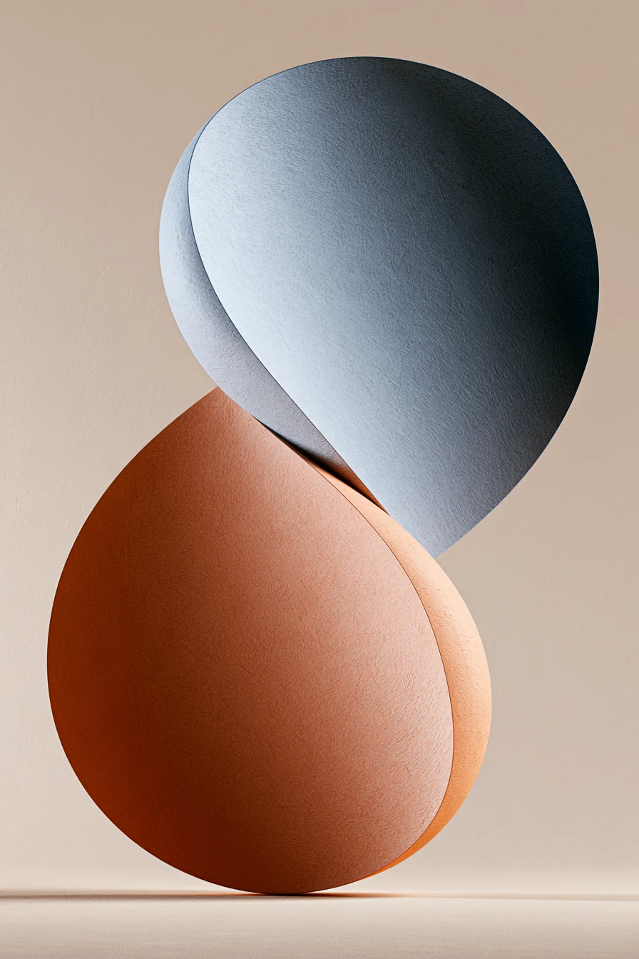 Sculptural abstract portrait artwork of a pale gray disc resting on a terracotta form