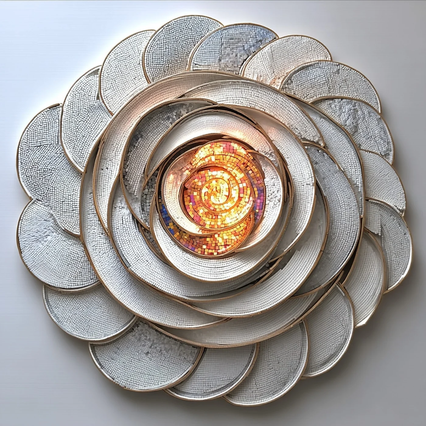 Square artwork of a layered silver relief rose with a golden center