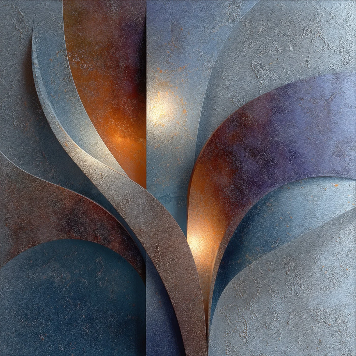 Abstract square artwork of curved stone-like forms in gray, blue and copper