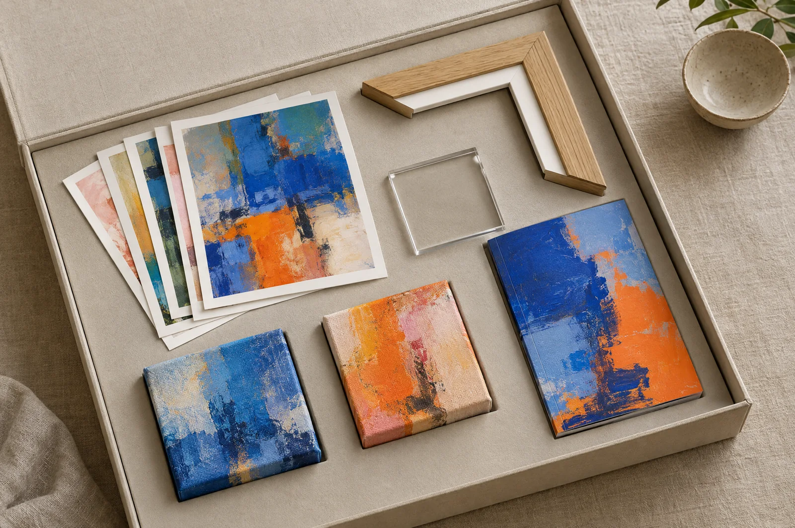 An open sample kit with fine-art prints, a frame corner, acrylic and canvas swatches and a seasonal catalog