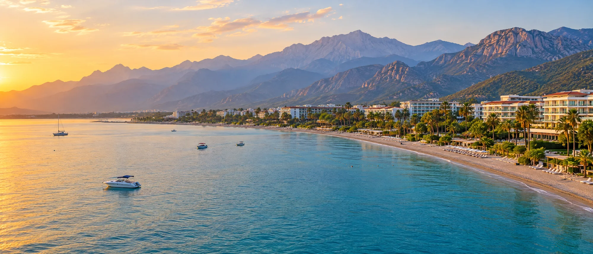 The Antalya coast at golden hour, a curve of resort hotels along the bay below the Taurus mountains