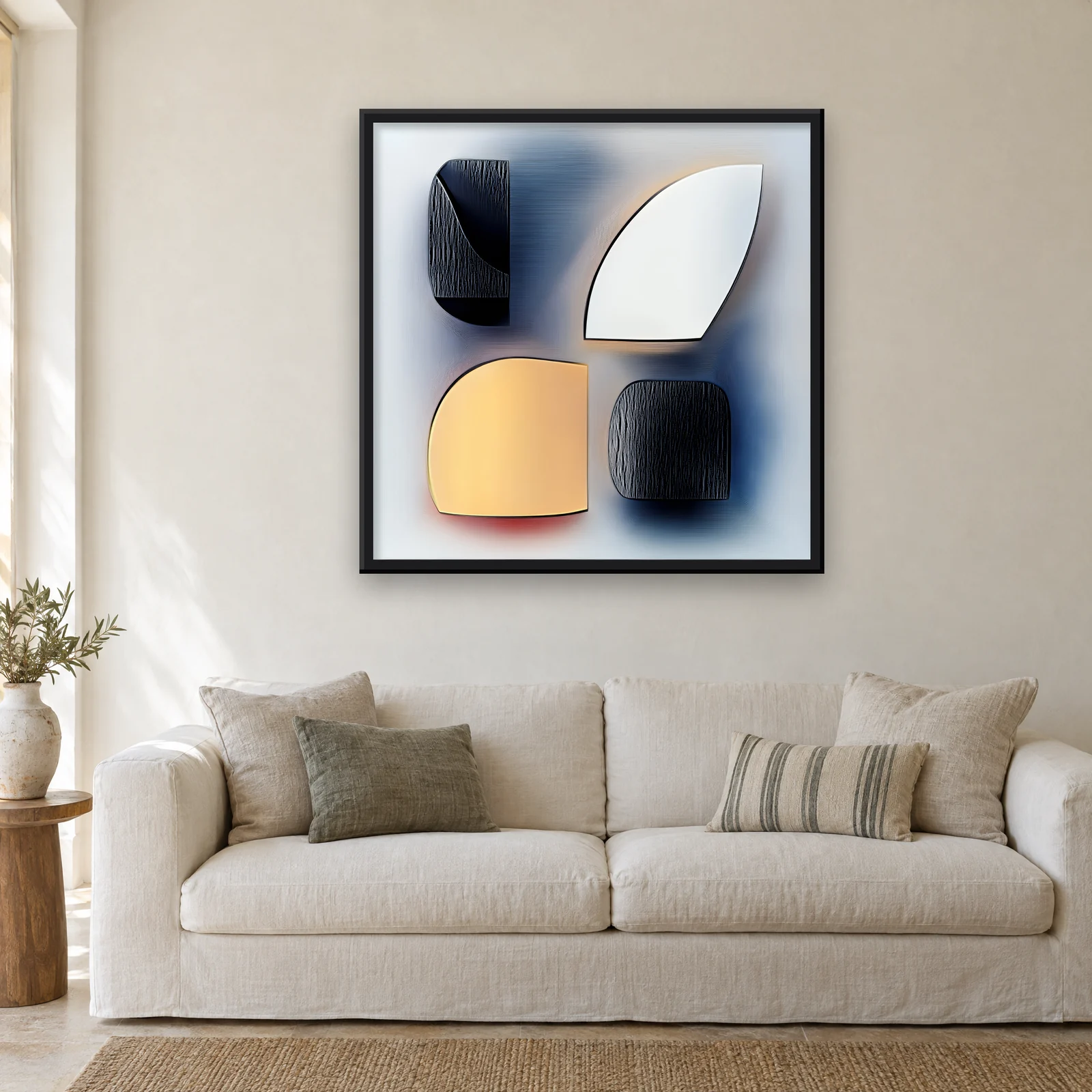 Stone and Gold framed in Black on a wall
